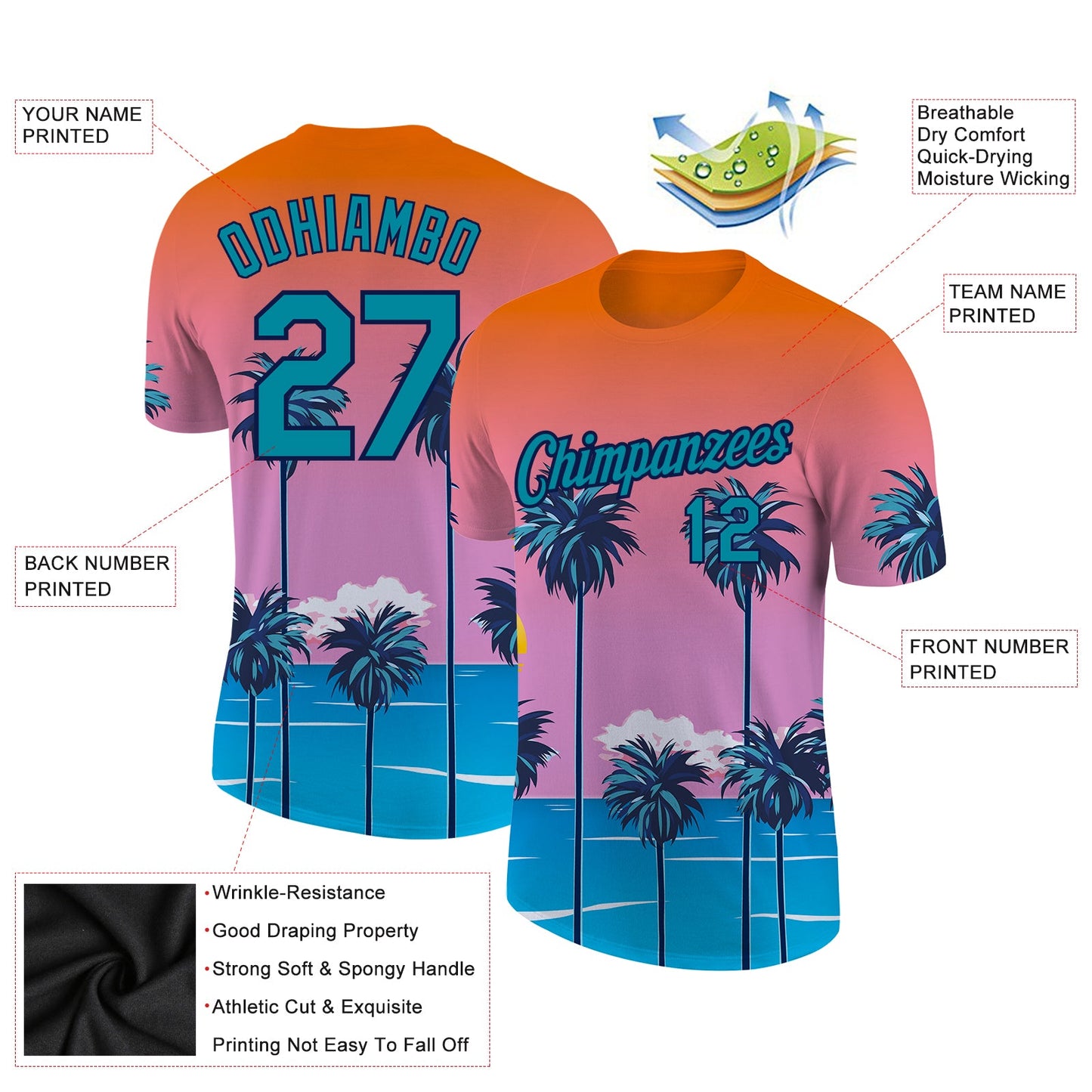 Custom Orange Teal-Navy 3D Pattern Design Sun Beach Hawaii Palm Trees Performance T-Shirt view 2