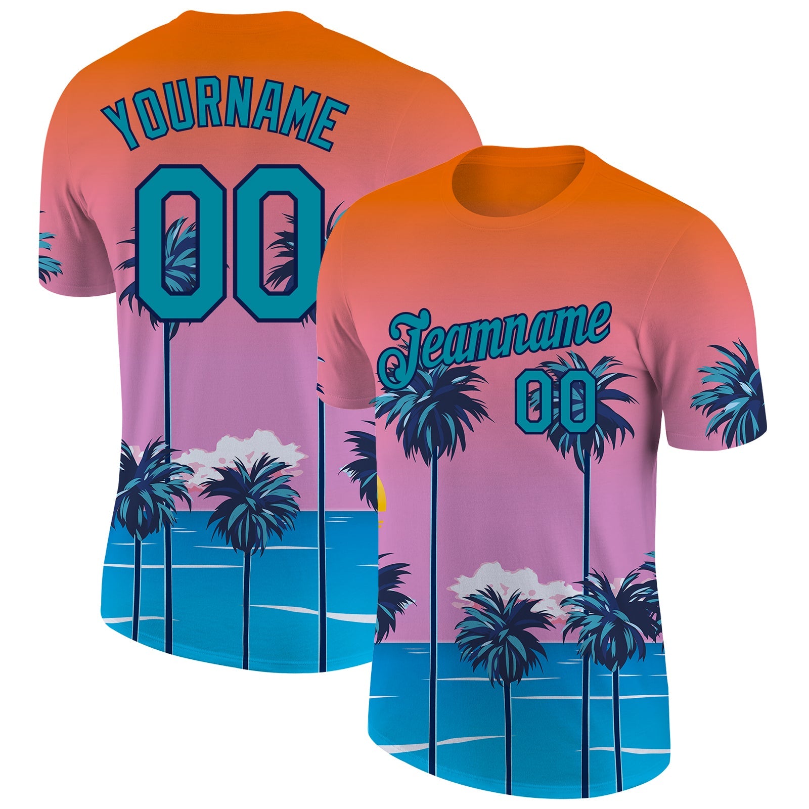 Custom Orange Teal-Navy 3D Pattern Design Sun Beach Hawaii Palm Trees Performance T-Shirt - Main View