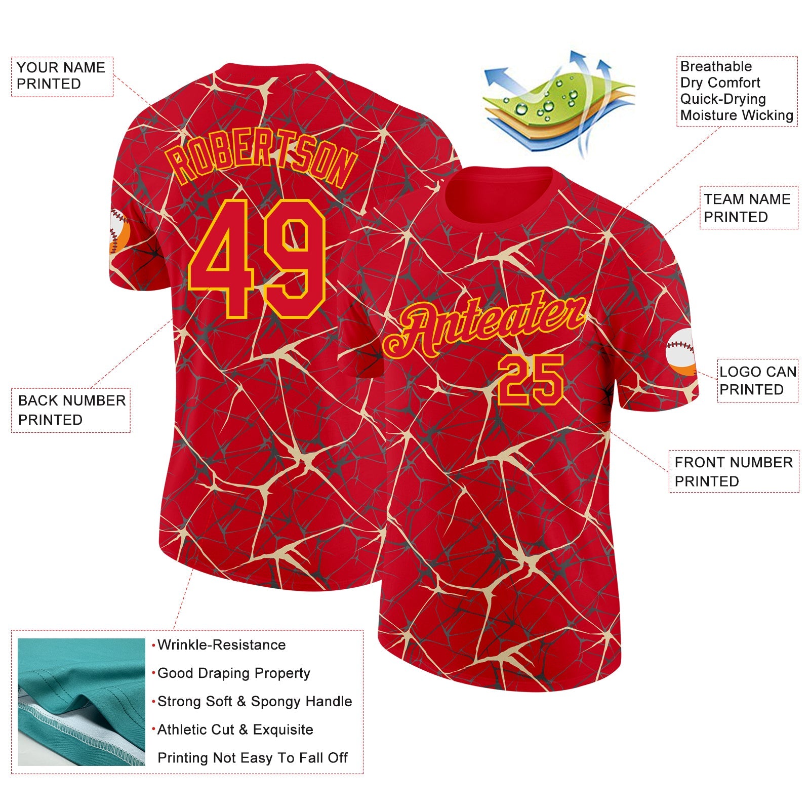 Custom Red Cream Gray-Yellow Abstract Network Crackle Performance T-Shirt view 2