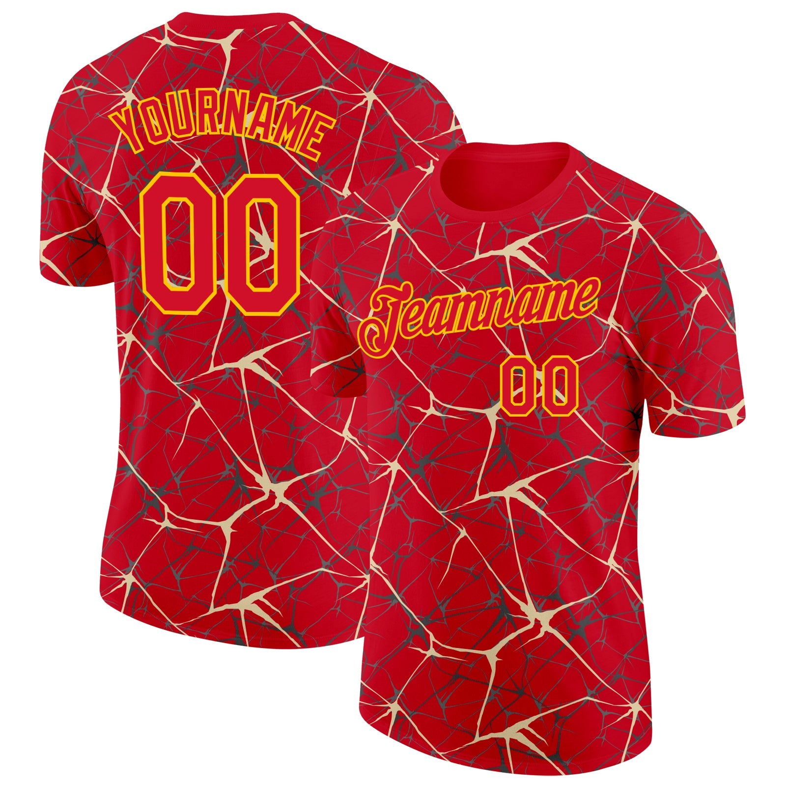 Custom Red Cream Gray-Yellow Abstract Network Crackle Performance T-Shirt - Main View