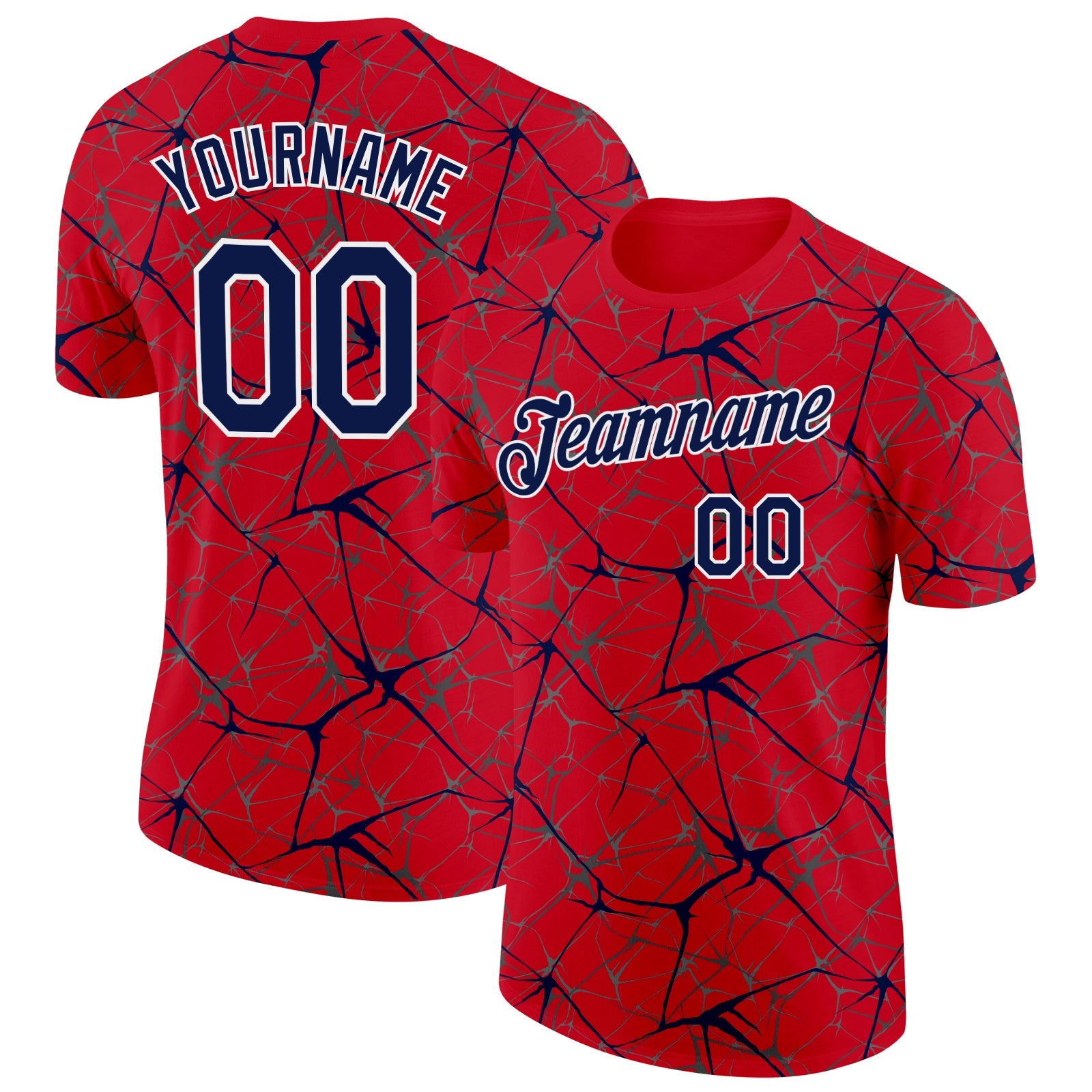 Custom Red Navy Gray-White Abstract Network Crackle Performance T-Shirt - Main View