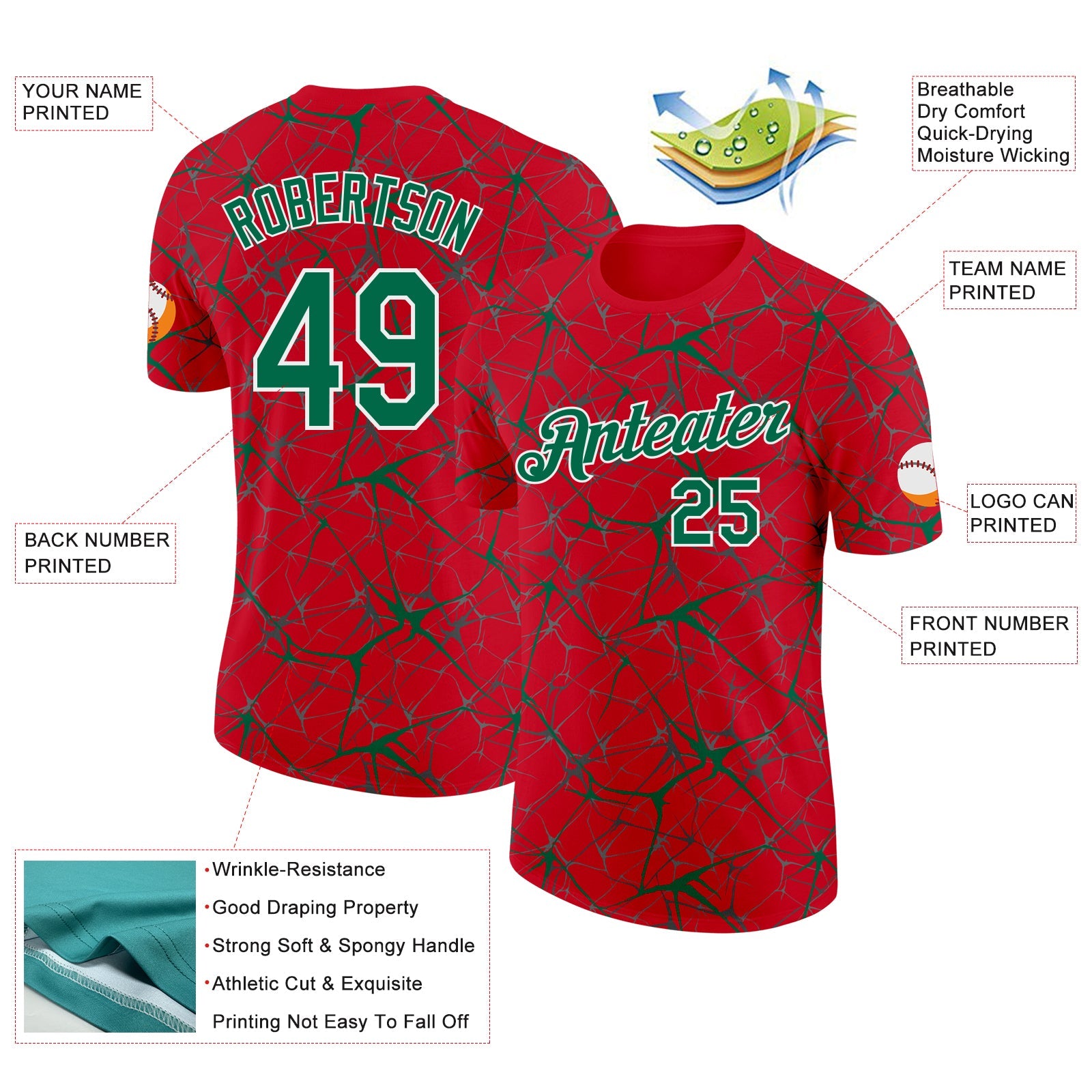 Custom Red Kelly Green Gray-White Abstract Network Crackle Performance T-Shirt view 2
