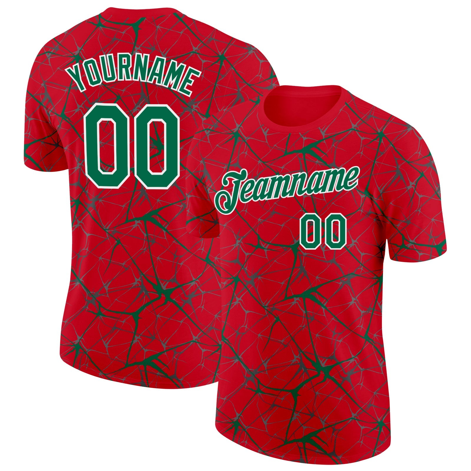 Custom Red Kelly Green Gray-White Abstract Network Crackle Performance T-Shirt - Main View