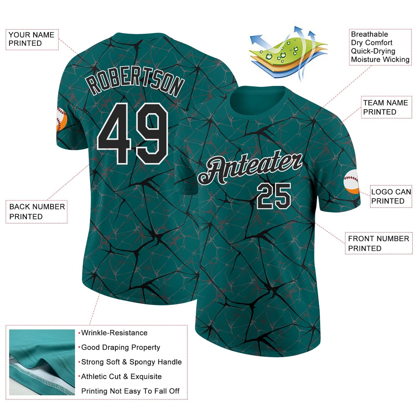 Custom Teal Black Gray-White Abstract Network Crackle Performance T-Shirt view 2