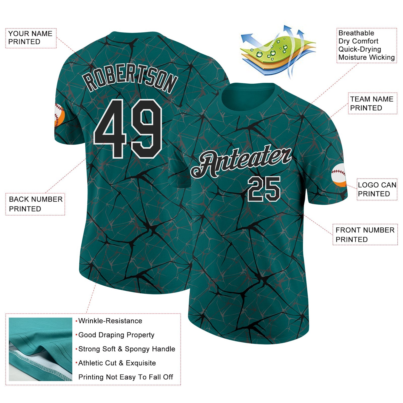Custom Teal Black Gray-White Abstract Network Crackle Performance T-Shirt view 2