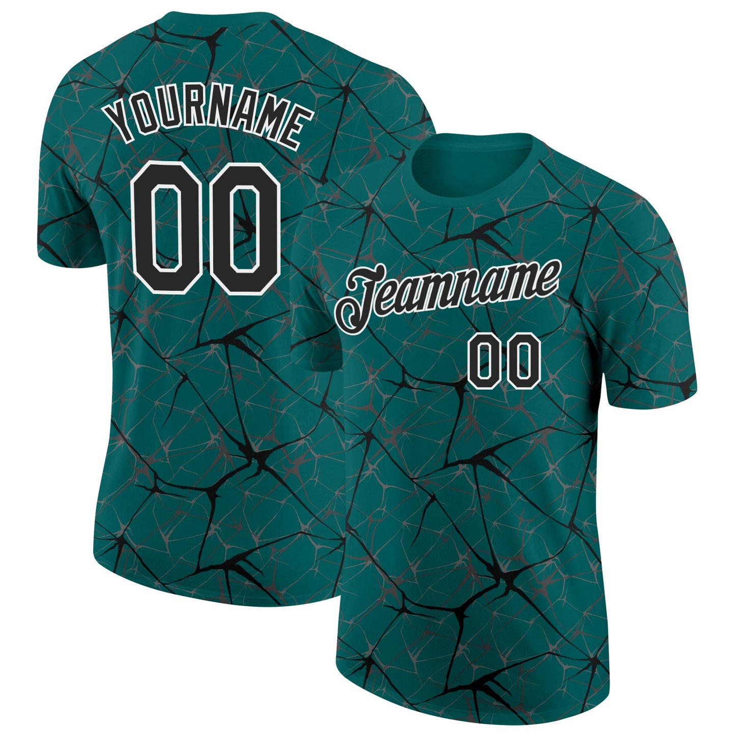 Custom Teal Black Gray-White Abstract Network Crackle Performance T-Shirt - Main View