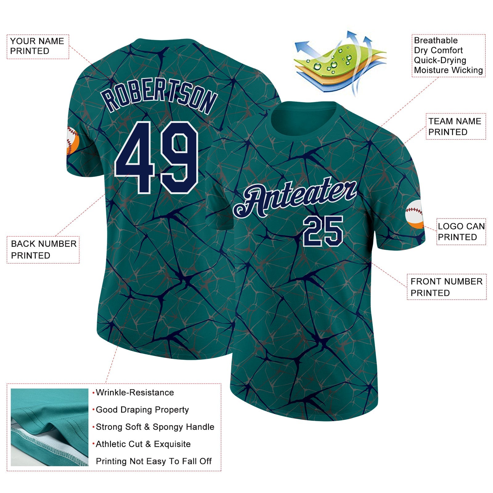 Custom Teal Navy Gray-White Abstract Network Crackle Performance T-Shirt view 2