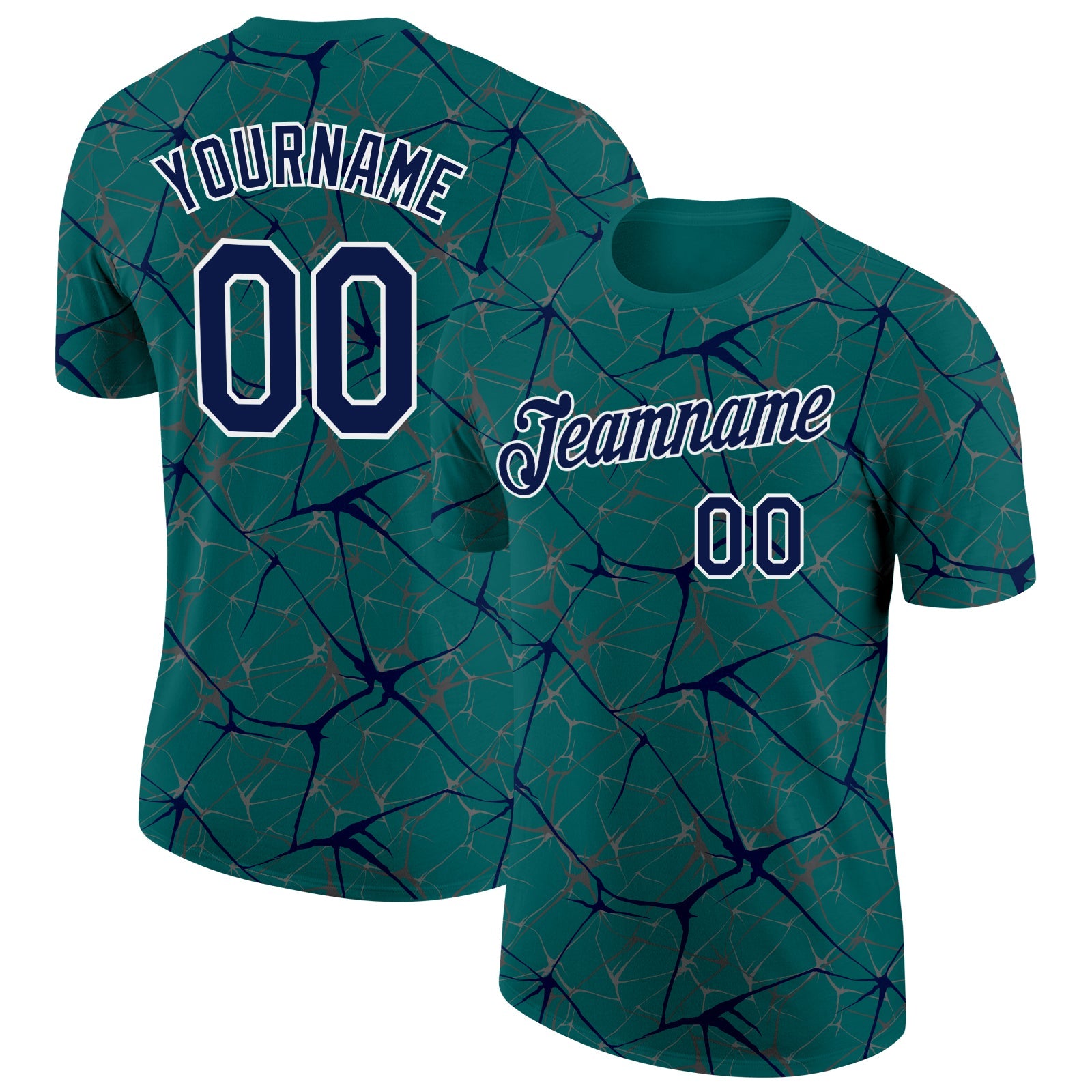 Custom Teal Navy Gray-White Abstract Network Crackle Performance T-Shirt - Main View