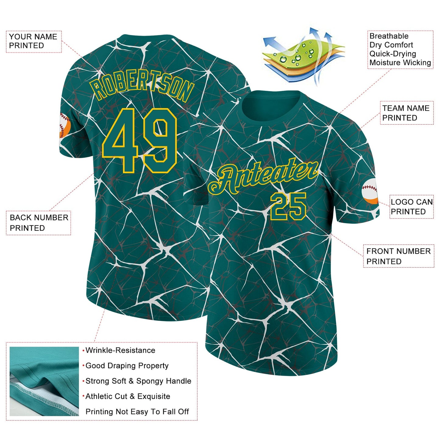 Custom Teal White Gray-Yellow Abstract Network Crackle Performance T-Shirt view 2