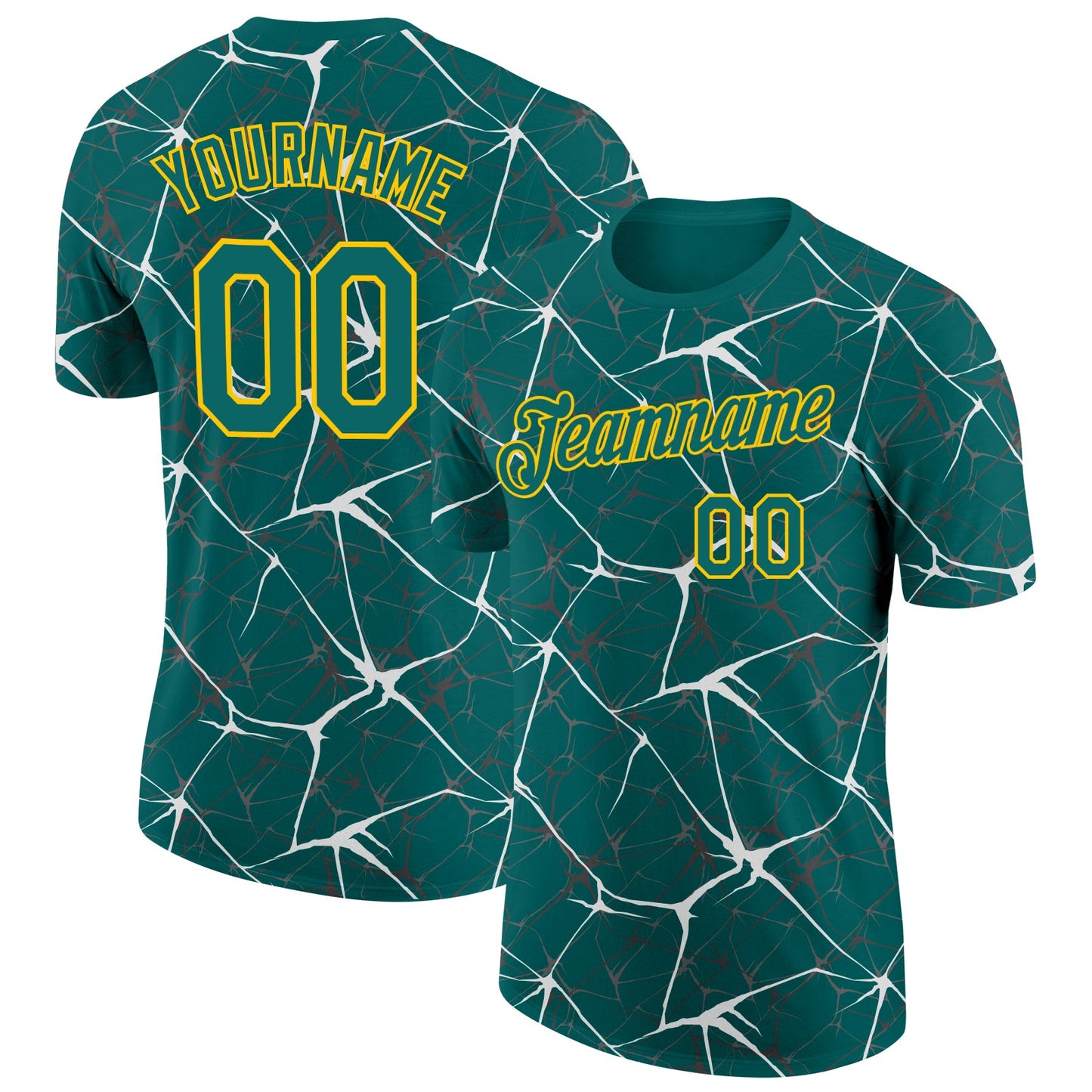 Custom Teal White Gray-Yellow Abstract Network Crackle Performance T-Shirt - Main View
