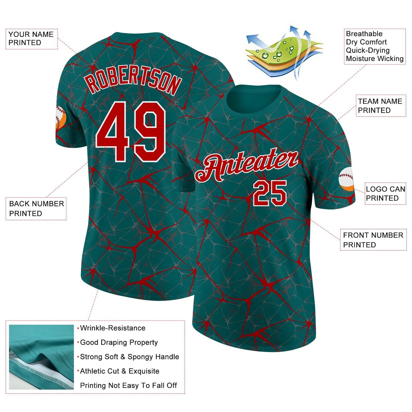 Custom Teal Red Gray-White Abstract Network Crackle Performance T-Shirt view 2