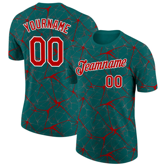 Custom Teal Red Gray-White Abstract Network Crackle Performance T-Shirt - Main View