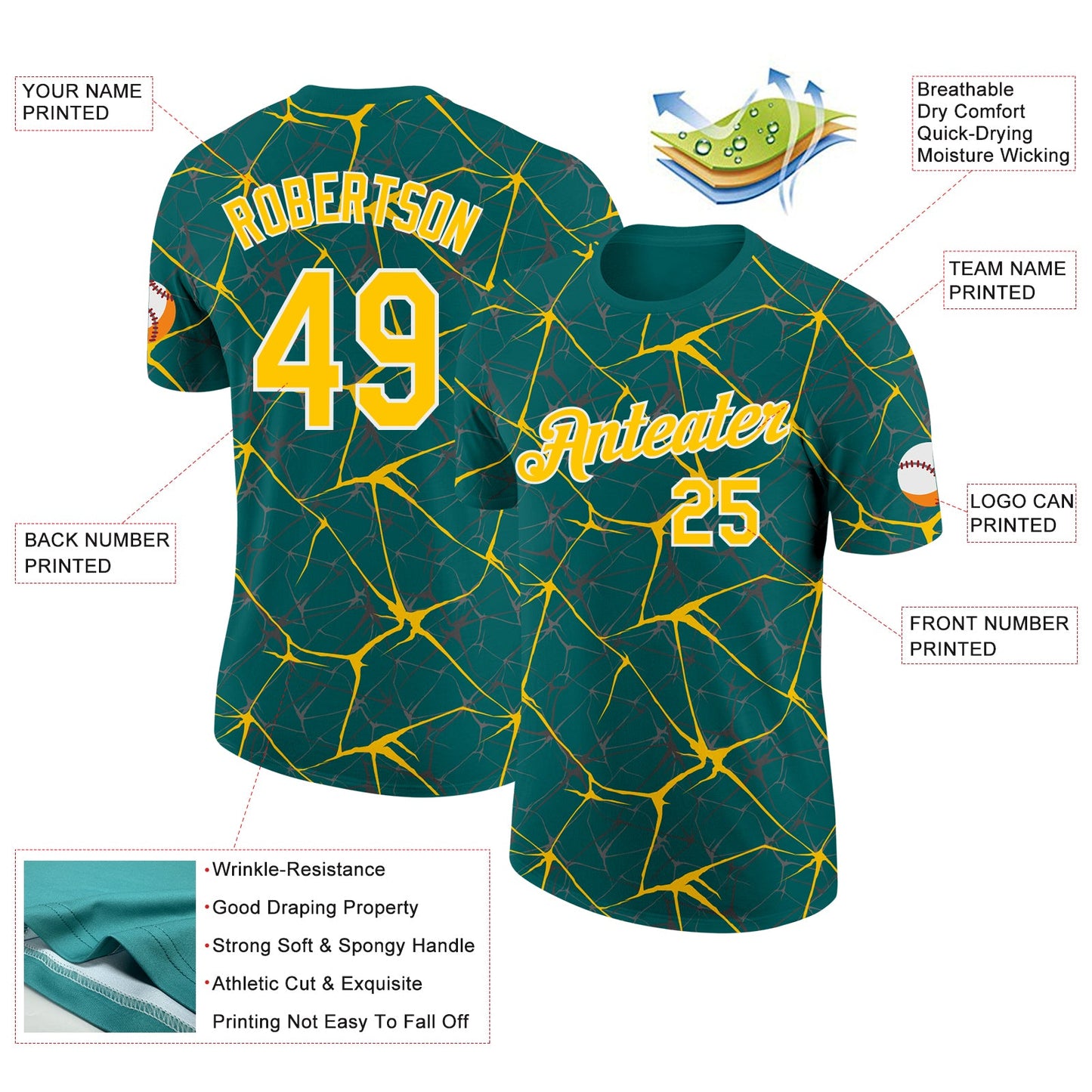 Custom Teal Yellow Gray-White Abstract Network Crackle Performance T-Shirt view 2