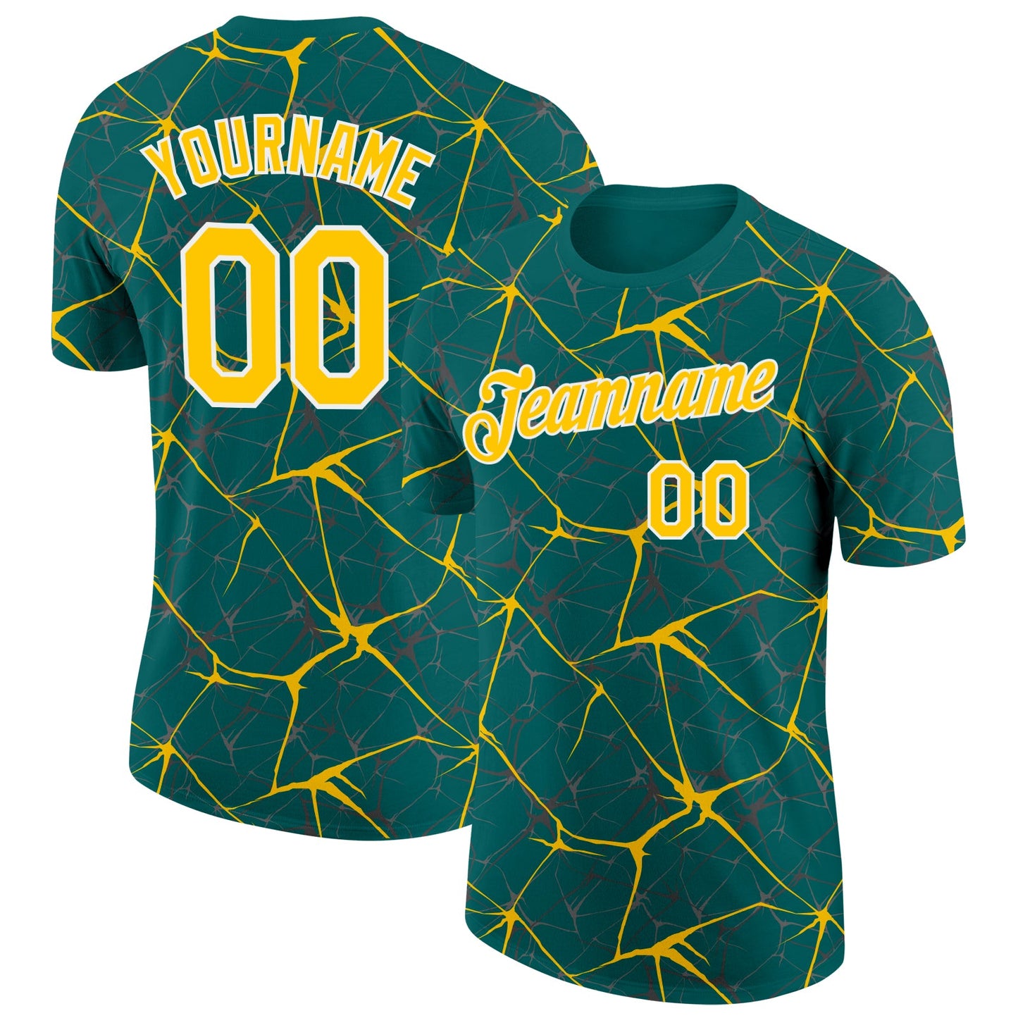 Custom Teal Yellow Gray-White Abstract Network Crackle Performance T-Shirt - Main View