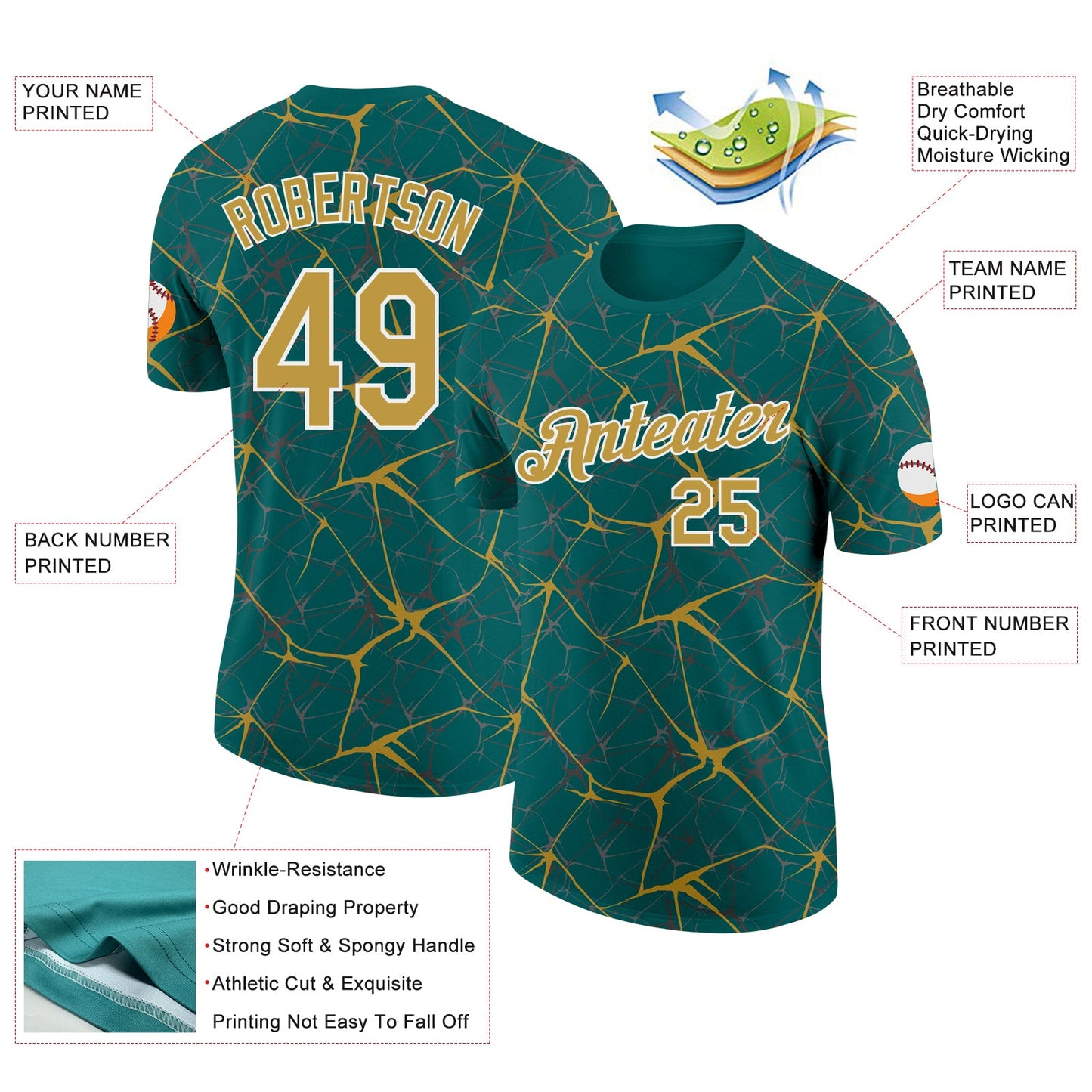 Custom Teal Old Gold Gray-White Abstract Network Crackle Performance T-Shirt view 2
