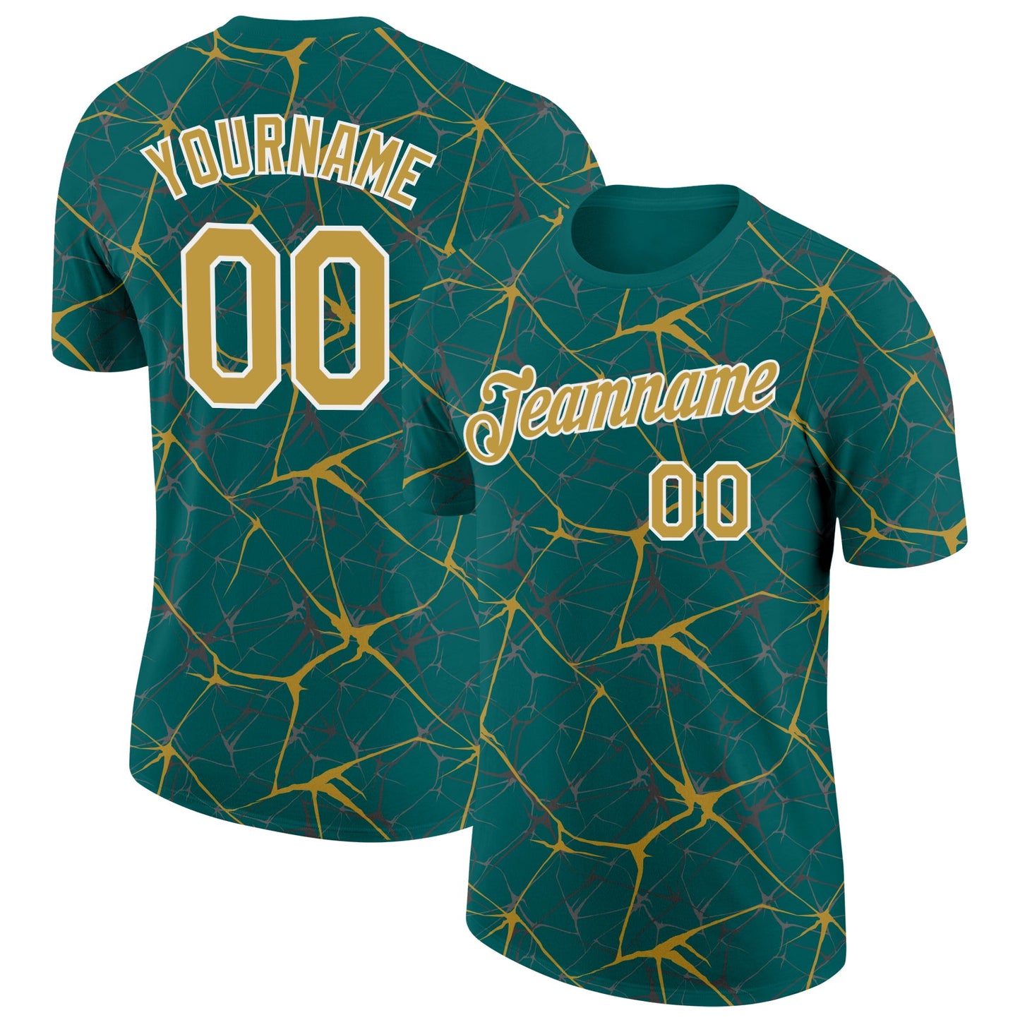 Custom Teal Old Gold Gray-White Abstract Network Crackle Performance T-Shirt - Main View