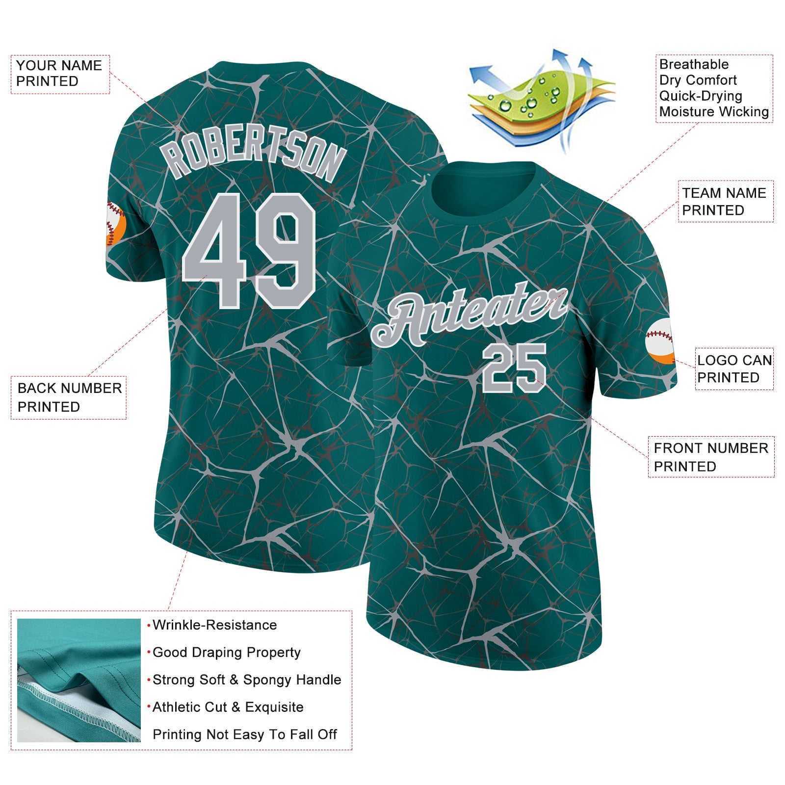 Custom Teal Gray-White Abstract Network Crackle Performance T-Shirt view 2