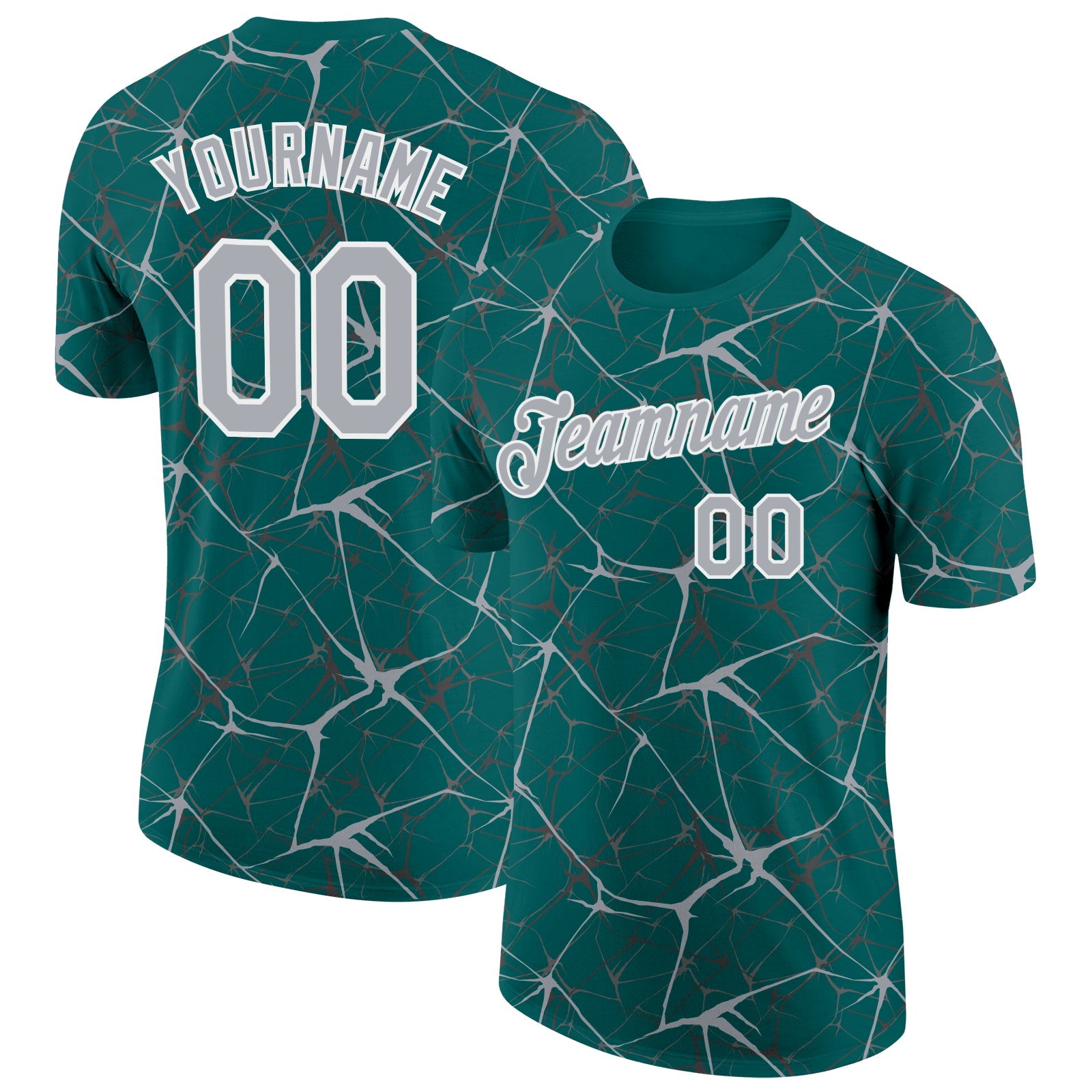 Custom Teal Gray-White Abstract Network Crackle Performance T-Shirt - Main View