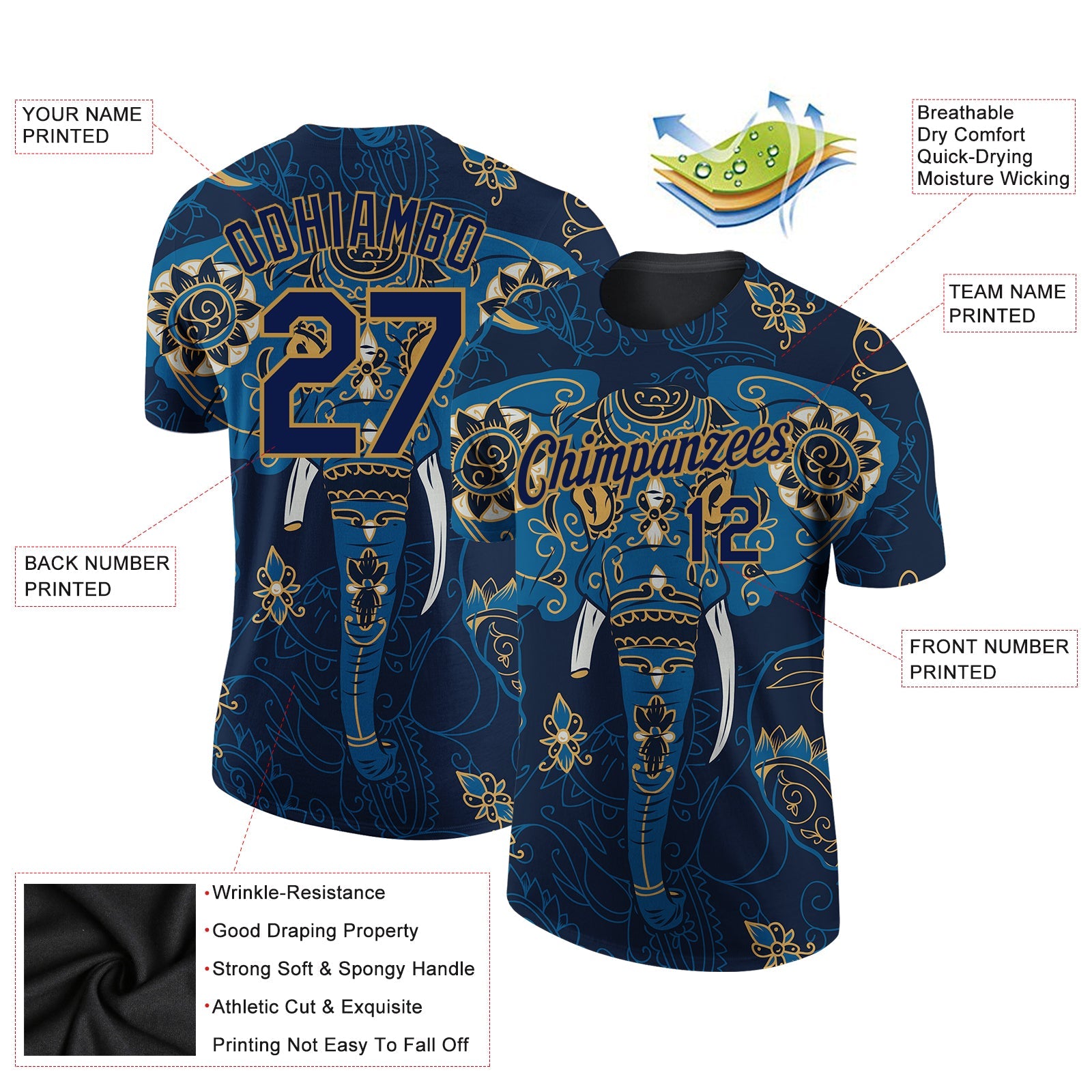 Custom Navy Old Gold 3D Pattern Design Elephant Performance T-Shirt view 2