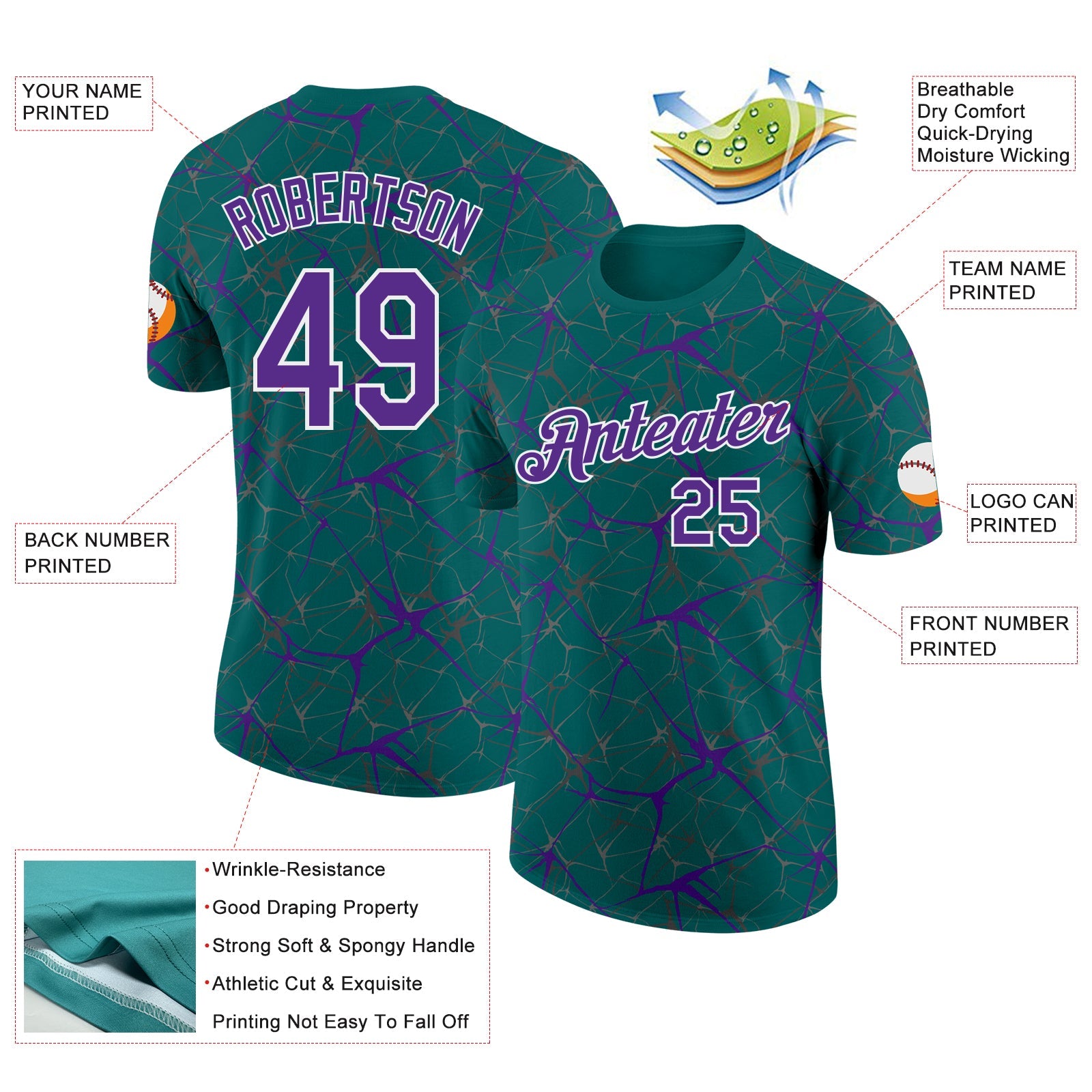 Custom Teal Purple Gray-White Abstract Network Crackle Performance T-Shirt view 2