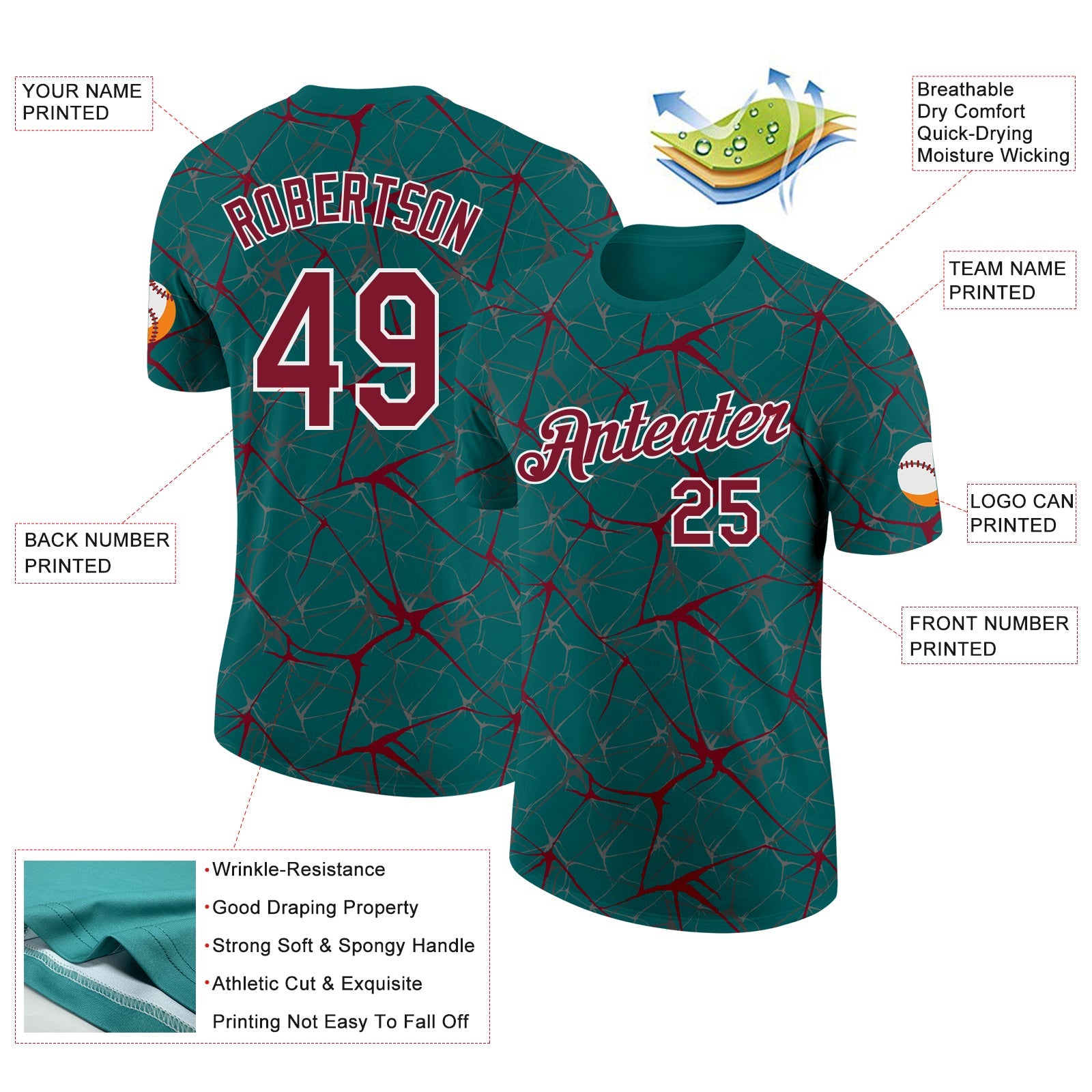 Custom Teal Crimson Gray-White Abstract Network Crackle Performance T-Shirt view 2