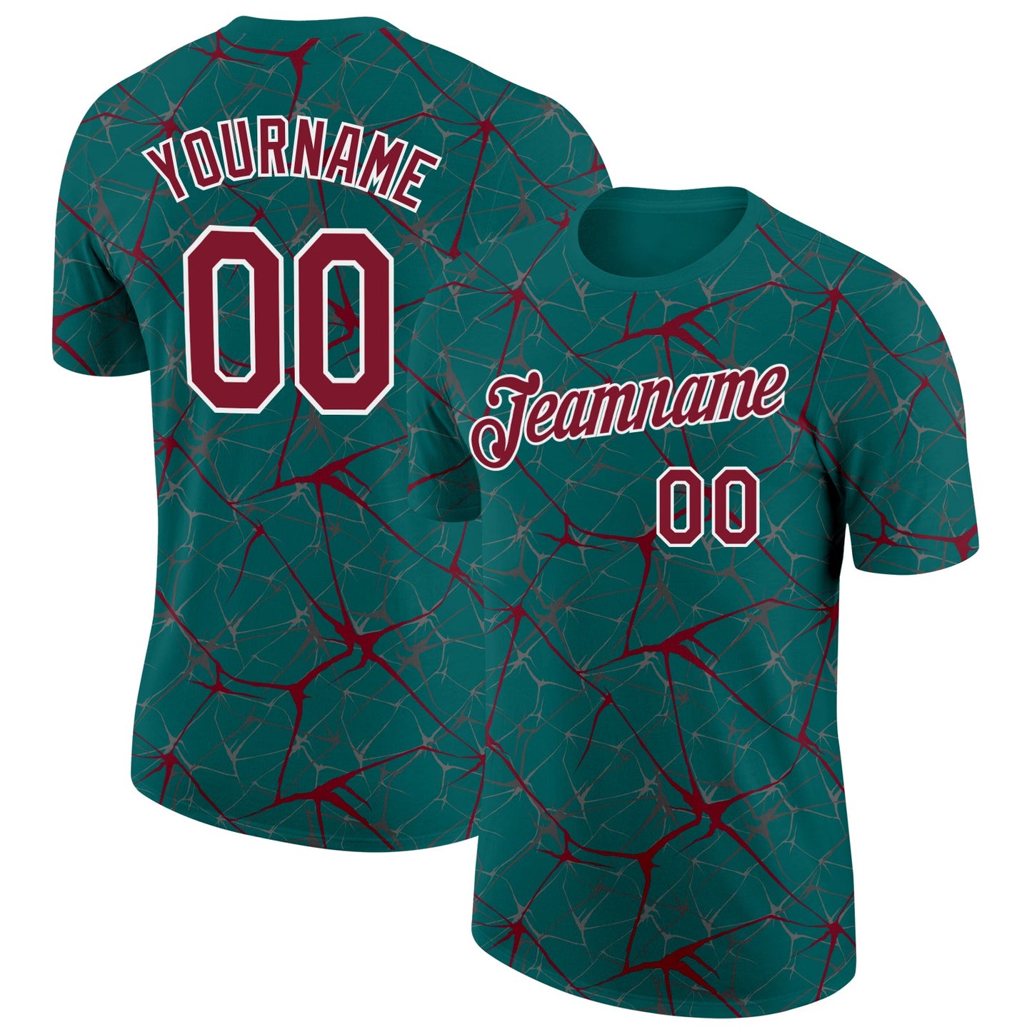 Custom Teal Crimson Gray-White Abstract Network Crackle Performance T-Shirt - Main View
