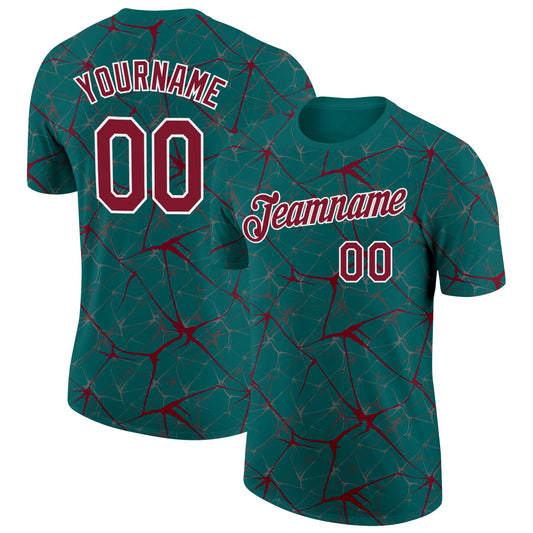 Custom Teal Crimson Gray-White Abstract Network Crackle Performance T-Shirt - Main View
