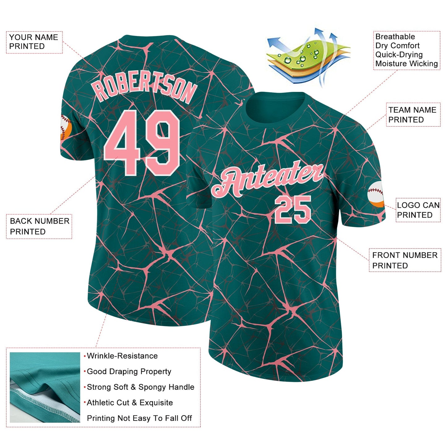 Custom Teal Medium Pink Gray-White Abstract Network Crackle Performance T-Shirt view 2