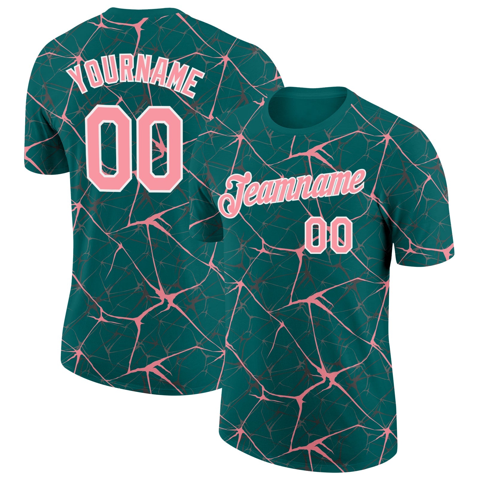 Custom Teal Medium Pink Gray-White Abstract Network Crackle Performance T-Shirt - Main View