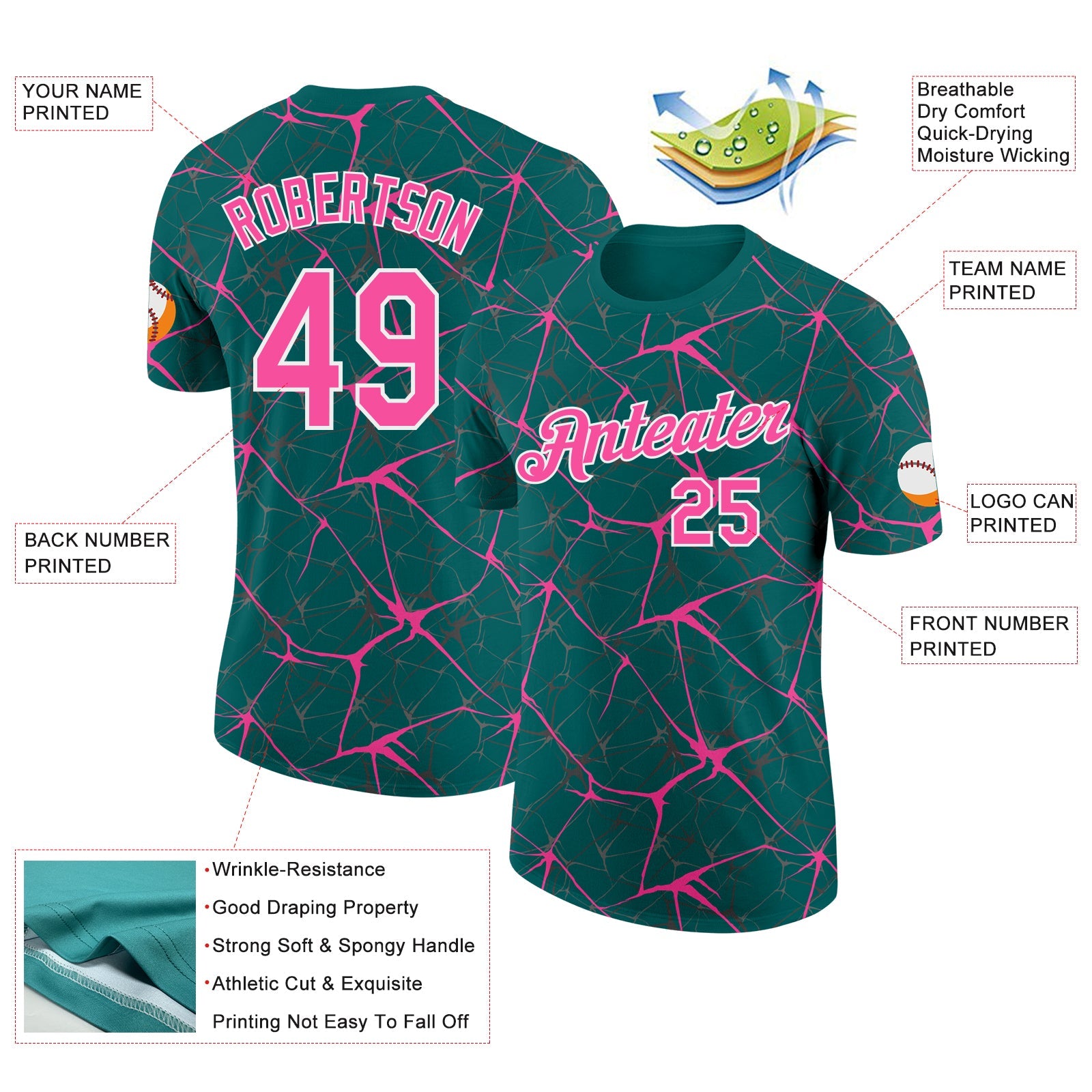 Custom Teal Pink Gray-White Abstract Network Crackle Performance T-Shirt view 2