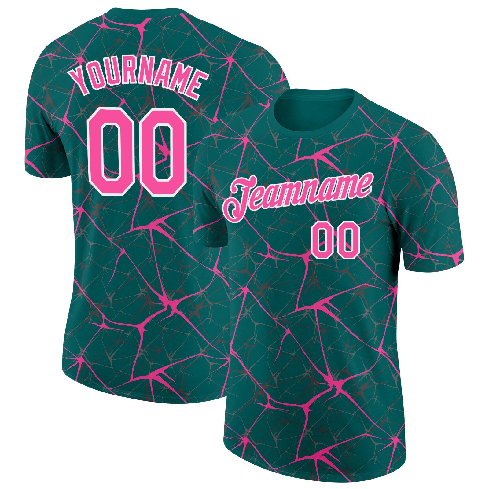 Custom Teal Pink Gray-White Abstract Network Crackle Performance T-Shirt - Main View