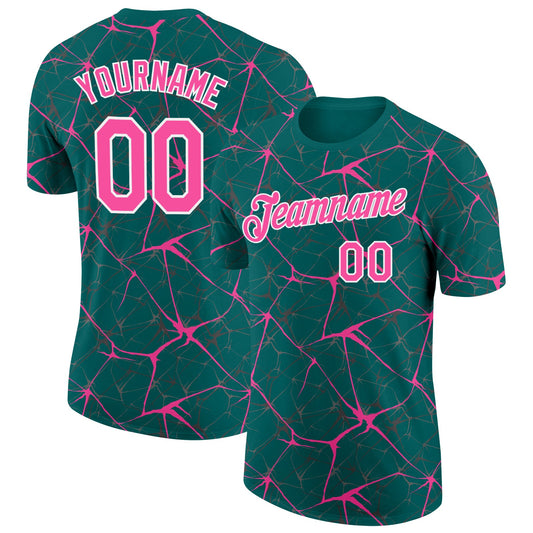 Custom Teal Pink Gray-White Abstract Network Crackle Performance T-Shirt - Main View