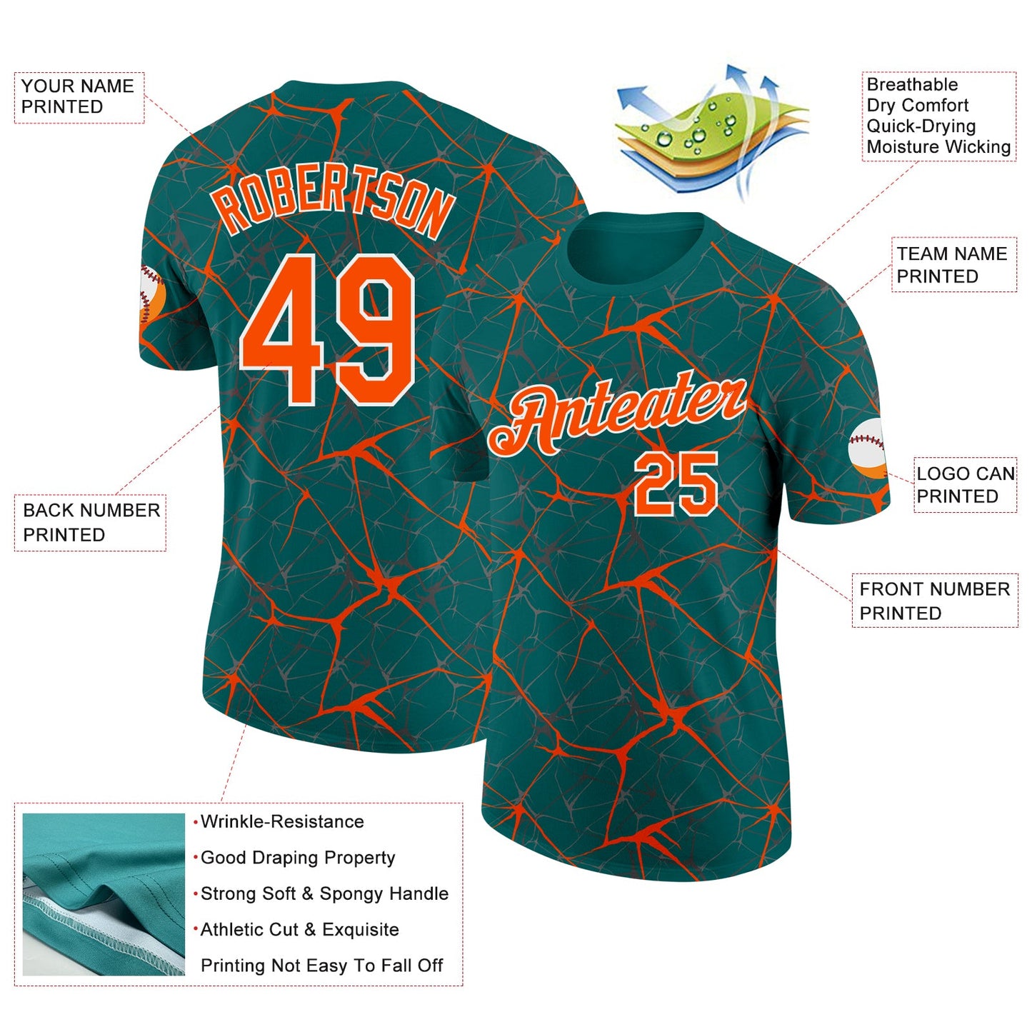 Custom Teal Orange Gray-White Abstract Network Crackle Performance T-Shirt view 2