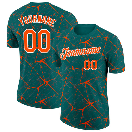 Custom Teal Orange Gray-White Abstract Network Crackle Performance T-Shirt - Main View