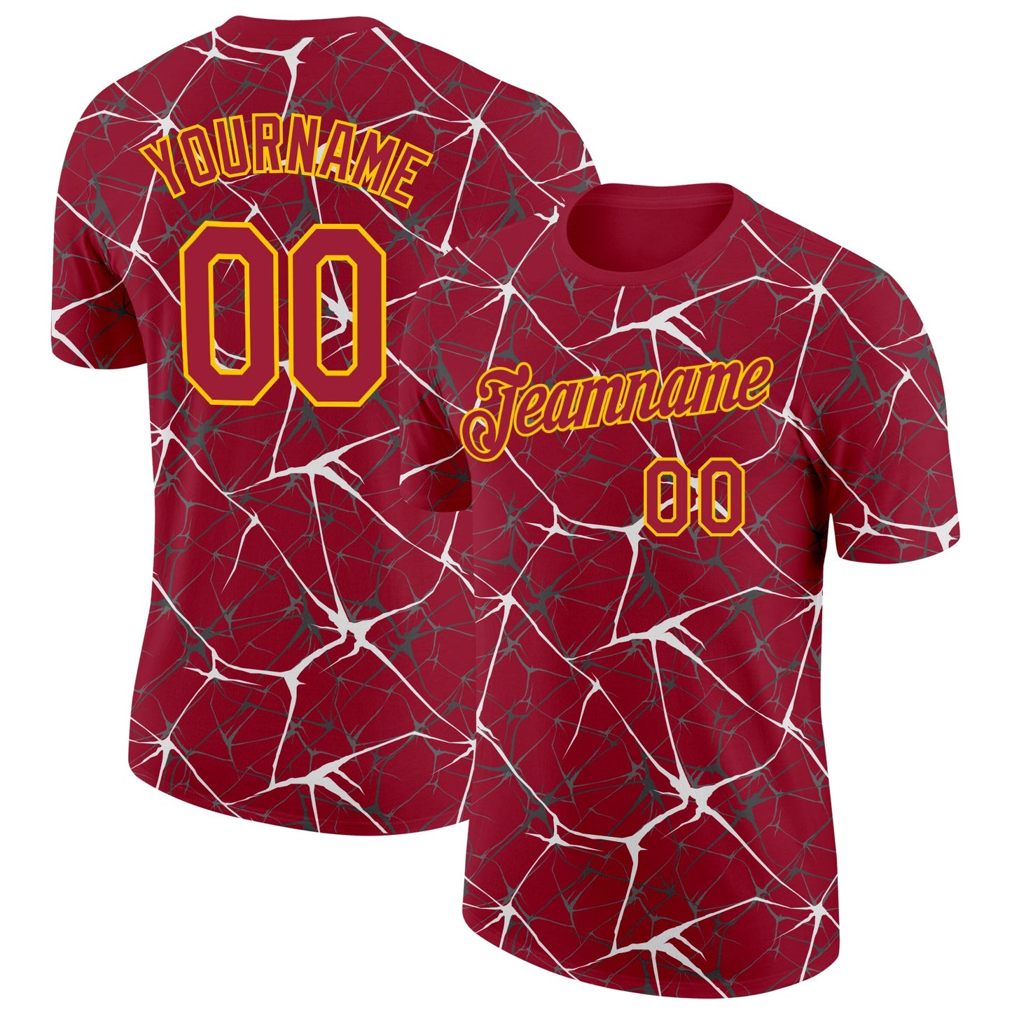 Custom Crimson White Gray-Yellow Abstract Network Crackle Performance T-Shirt - Main View