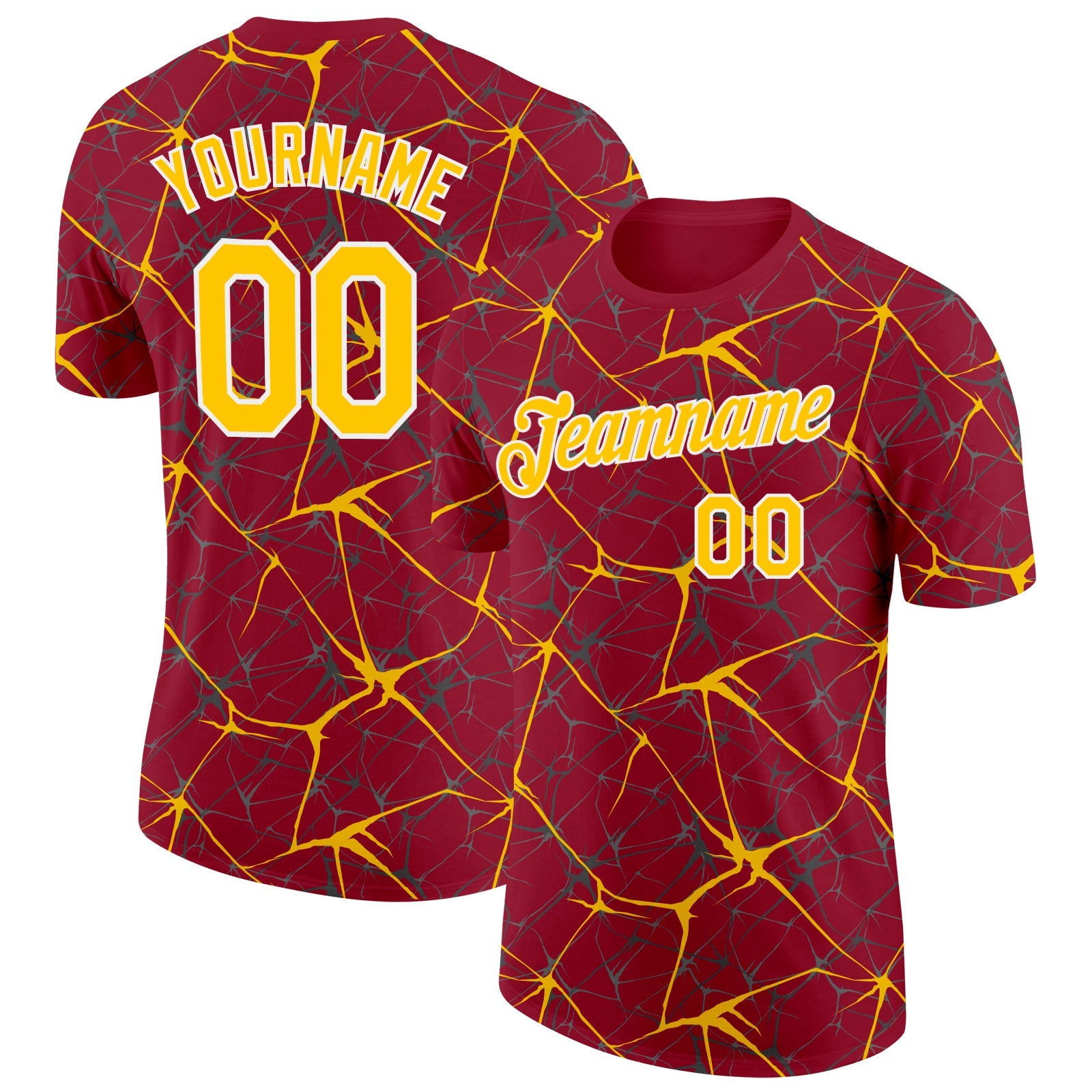 Custom Crimson Yellow Gray-White Abstract Network Crackle Performance T-Shirt - Main View