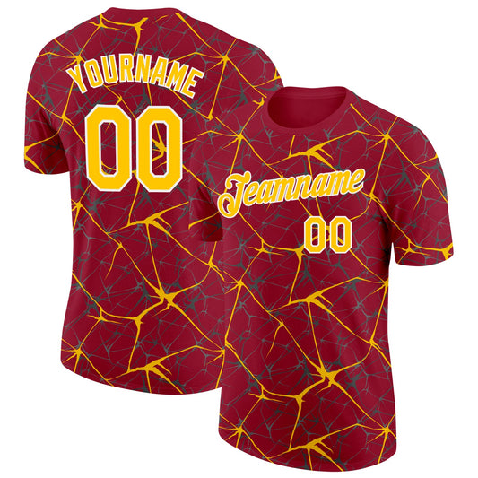 Custom Crimson Yellow Gray-White Abstract Network Crackle Performance T-Shirt - Main View