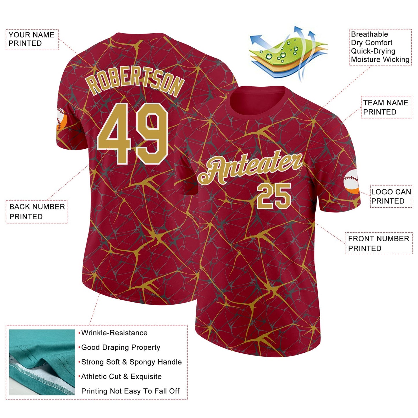 Custom Crimson Old Gold Gray-White Abstract Network Crackle Performance T-Shirt view 2