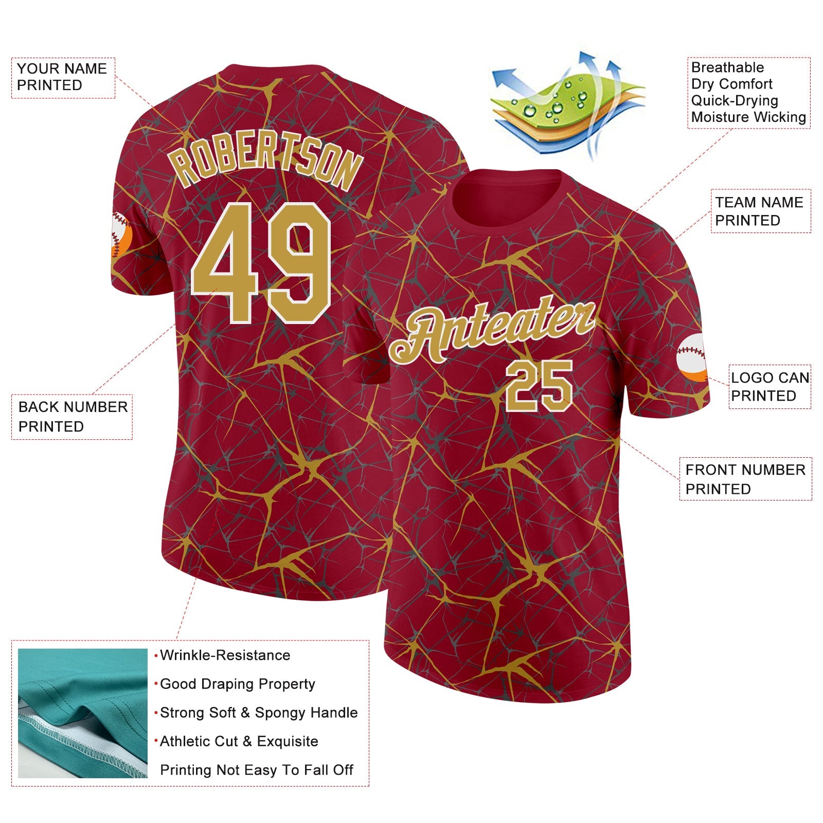 Custom Crimson Old Gold Gray-White Abstract Network Crackle Performance T-Shirt view 2