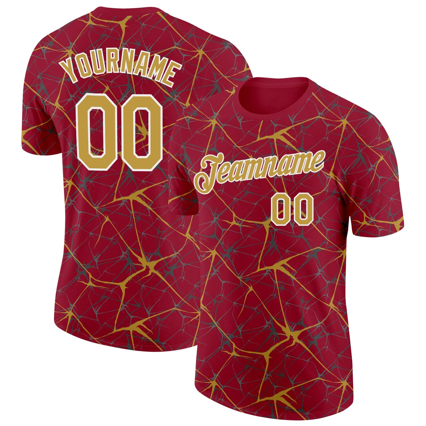 Custom Crimson Old Gold Gray-White Abstract Network Crackle Performance T-Shirt - Main View