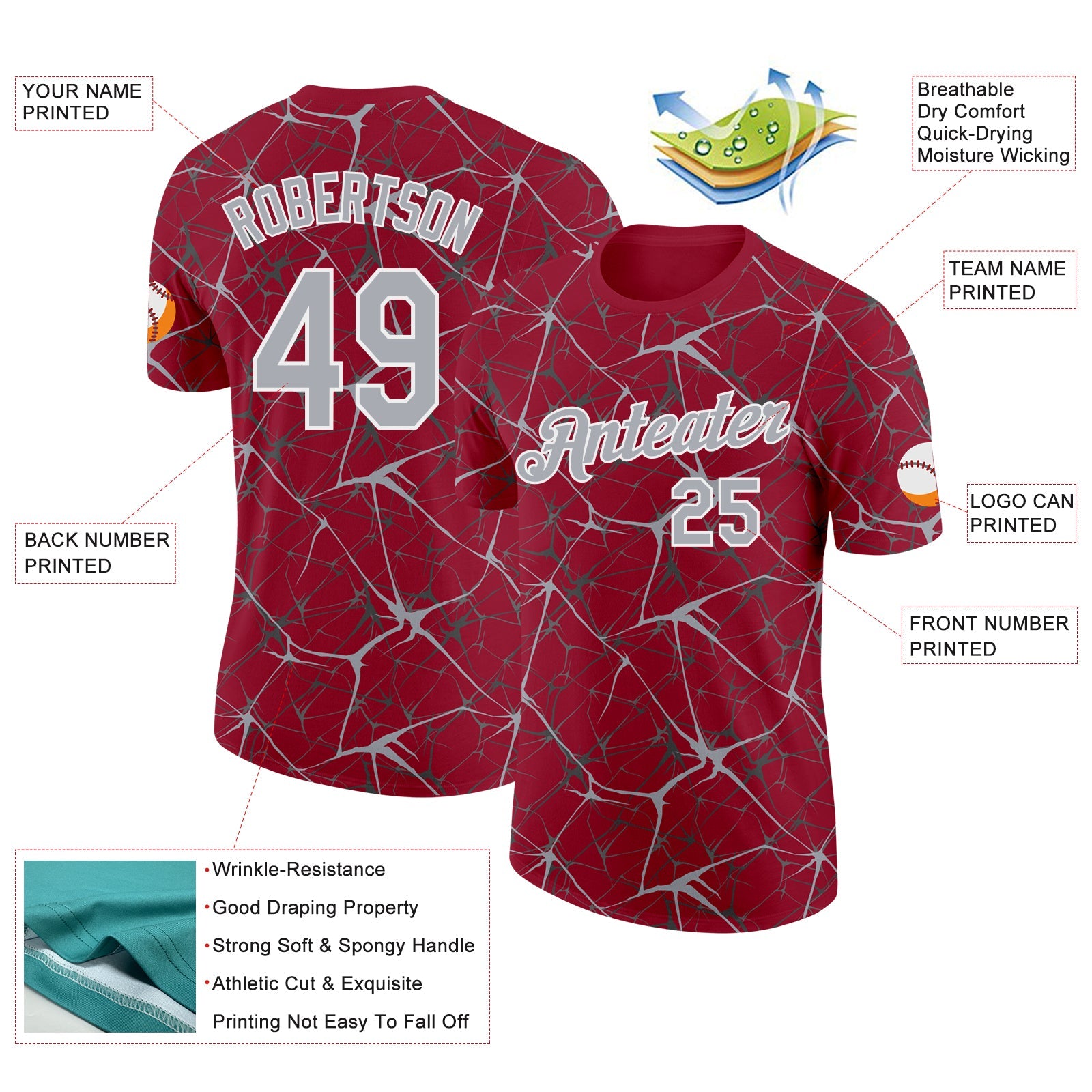Custom Crimson Gray-White Abstract Network Crackle Performance T-Shirt view 2