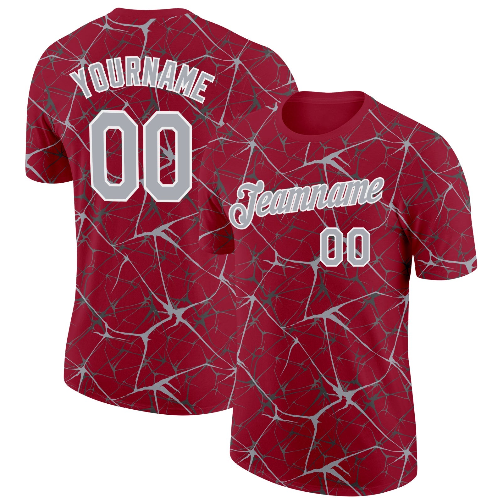 Custom Crimson Gray-White Abstract Network Crackle Performance T-Shirt - Main View