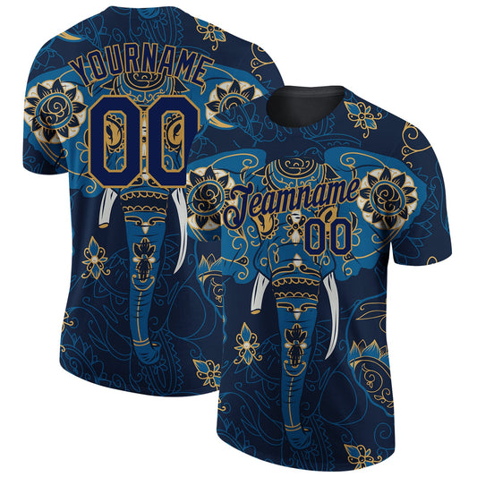 Custom Navy Old Gold 3D Pattern Design Elephant Performance T-Shirt - Main View