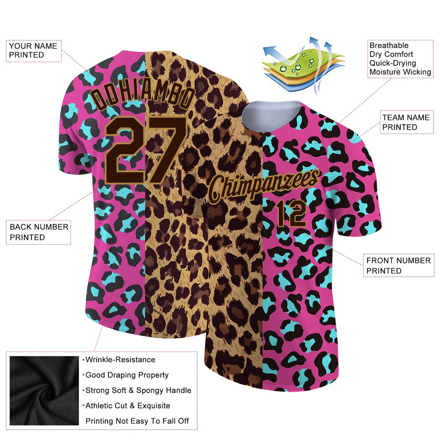 Custom Pink Brown-Old Gold 3D Pattern Design Leopard Performance T-Shirt view 2