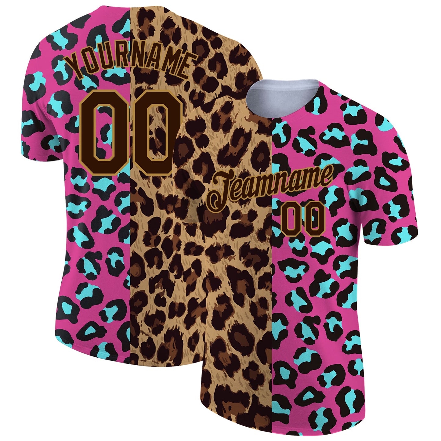 Custom Pink Brown-Old Gold 3D Pattern Design Leopard Performance T-Shirt - Main View
