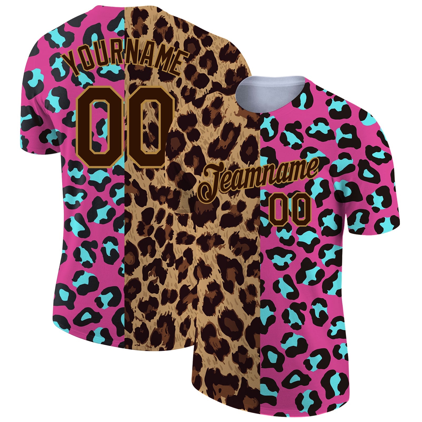 Custom Pink Brown-Old Gold 3D Pattern Design Leopard Performance T-Shirt - Main View