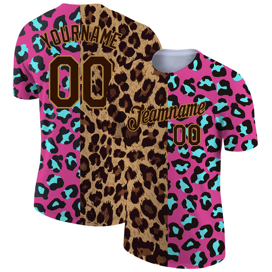 Custom Pink Brown-Old Gold 3D Pattern Design Leopard Performance T-Shirt - Main View