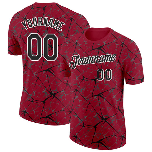 Custom Crimson Black Gray-White Abstract Network Crackle Performance T-Shirt - Main View