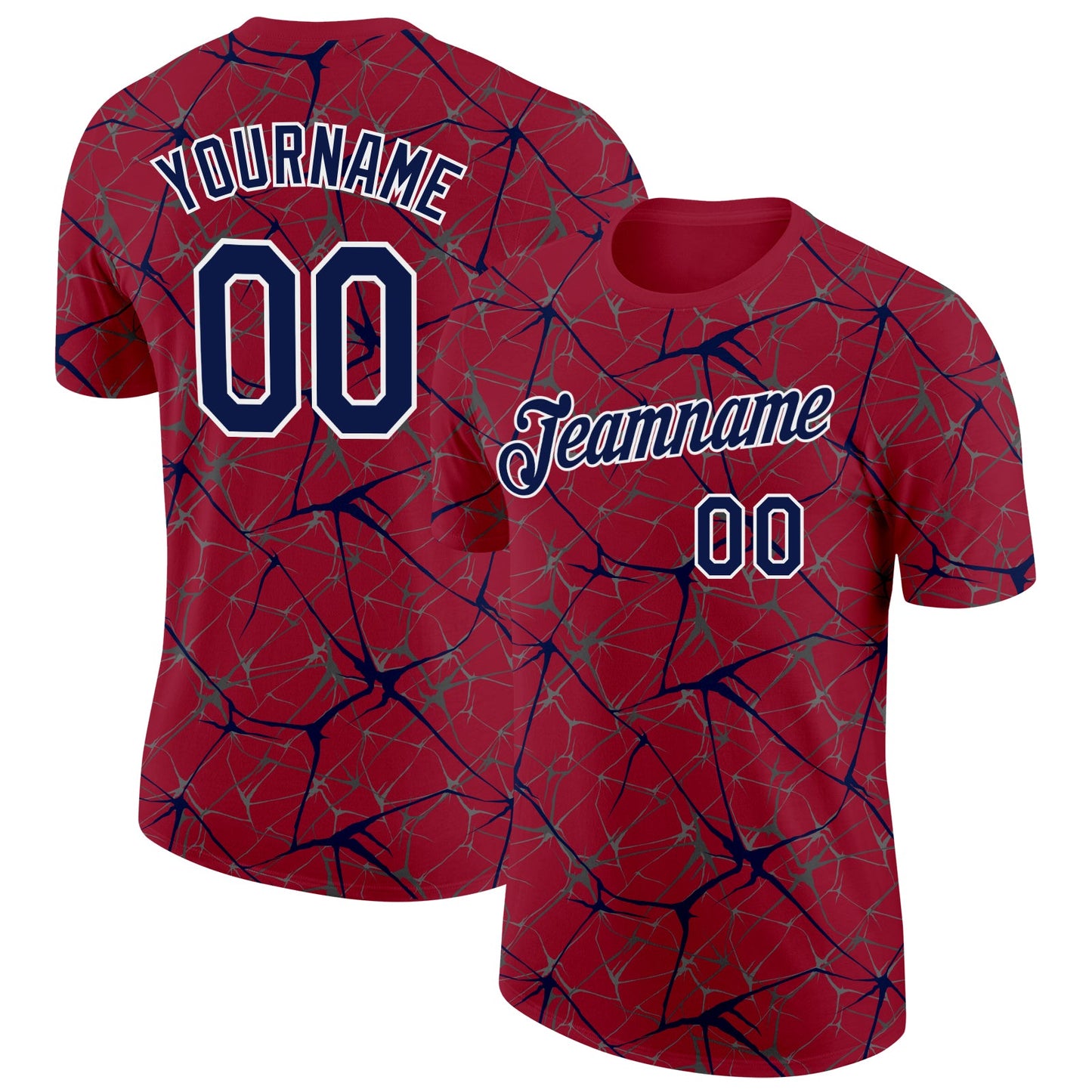 Custom Crimson Navy Gray-White Abstract Network Crackle Performance T-Shirt - Main View