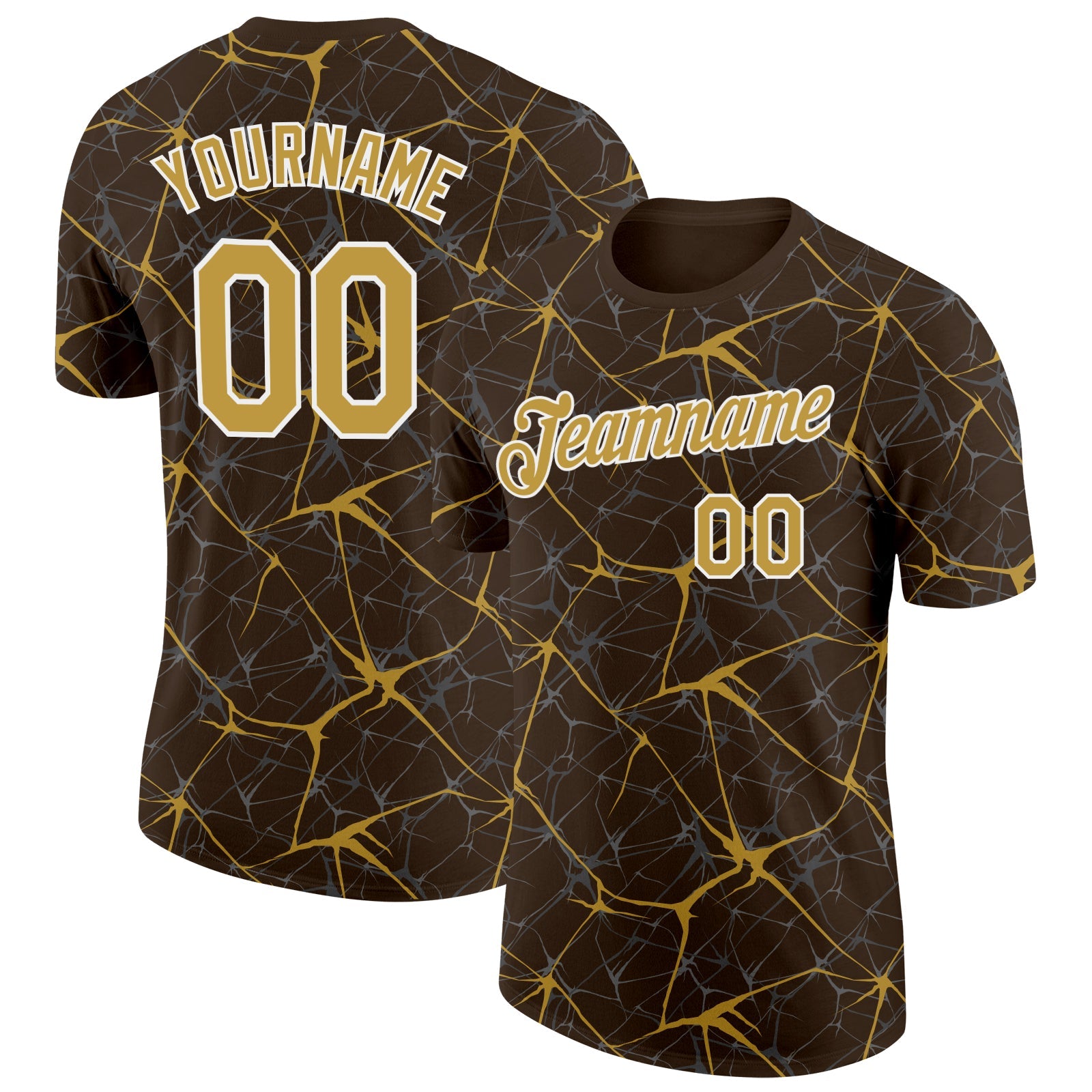Custom Brown Old Gold Gray-White Abstract Network Crackle Performance T-Shirt - Main View